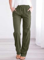 Women's Casual Linen Pants Straight Leg Drawstring Elastic High Waist Loose Comfy Trousers with Pockets - Image 2