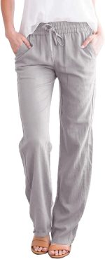 Women's Casual Linen Pants Straight Leg Drawstring Elastic High Waist Loose Comfy Trousers with Pockets