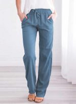 Women's Casual Linen Pants Straight Leg Drawstring Elastic High Waist Loose Comfy Trousers with Pockets - Image 2