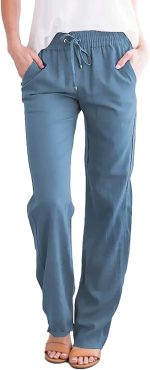 Women's Casual Linen Pants Straight Leg Drawstring Elastic High Waist Loose Comfy Trousers with Pockets