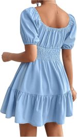 Women's Boho Square Neck Puff Short Sleeve Self Tie Front A Line Dress - Image 2