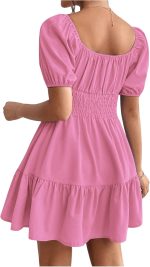 Women's Boho Square Neck Puff Short Sleeve Self Tie Front A Line Dress - Image 2