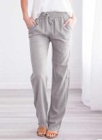 Women's Casual Linen Pants Straight Leg Drawstring Elastic High Waist Loose Comfy Trousers with Pockets - Image 2