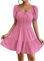 Women's Boho Square Neck Puff Short Sleeve Self Tie Front A Line Dress