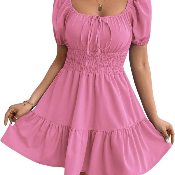 Women's Boho Square Neck Puff Short Sleeve Self Tie Front A Line Dress