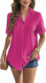 Women Linen Button Down Shirt Rolled Cuffed Short Sleeve Blouse Ladies Summer Casual V Neck Beach Cotton Tops