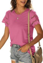 Womens Lace Short Sleeve T Shirts Summer Tops Loose Casual Tee Shirt - Image 2