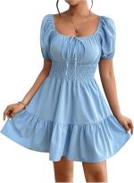 Women's Boho Square Neck Puff Short Sleeve Self Tie Front A Line Dress