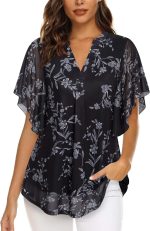 Women's Short Sleeve V Neck Blouses Shirts Floral Double Layers Mesh Tunics Tops - Image 2