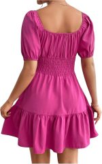Women's Boho Square Neck Puff Short Sleeve Self Tie Front A Line Dress - Image 2