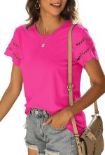 Womens Lace Short Sleeve T Shirts Summer Tops Loose Casual Tee Shirt - Image 2