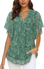 Women's Short Sleeve V Neck Blouses Shirts Floral Double Layers Mesh Tunics Tops - Image 2