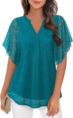 Women's Short Sleeve V Neck Blouses Shirts Floral Double Layers Mesh Tunics Tops