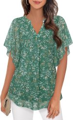 Women's Short Sleeve V Neck Blouses Shirts Floral Double Layers Mesh Tunics Tops