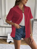 Women Linen Button Down Shirt Rolled Cuffed Short Sleeve Blouse Ladies Summer Casual V Neck Beach Cotton Tops - Image 2