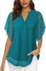 Women's Short Sleeve V Neck Blouses Shirts Floral Double Layers Mesh Tunics Tops - Image 2